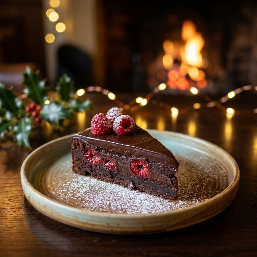 Chocolate truffle brownie torte with amaretto raspberries