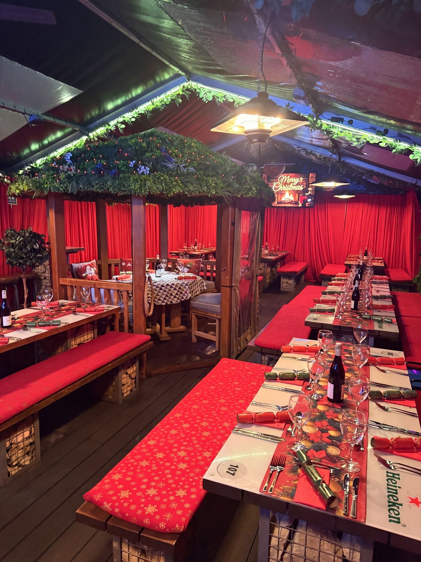 Fizzy Moon's private heated garden marquee dressed for a Christmas party in Leamington Spa