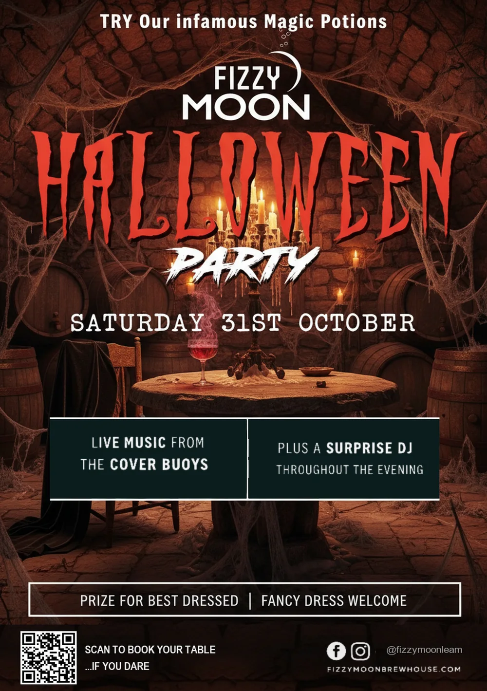 Fizzy Moon Halloween Party poster — Saturday 31st October, live music from The Cover Buoys plus a surprise DJ