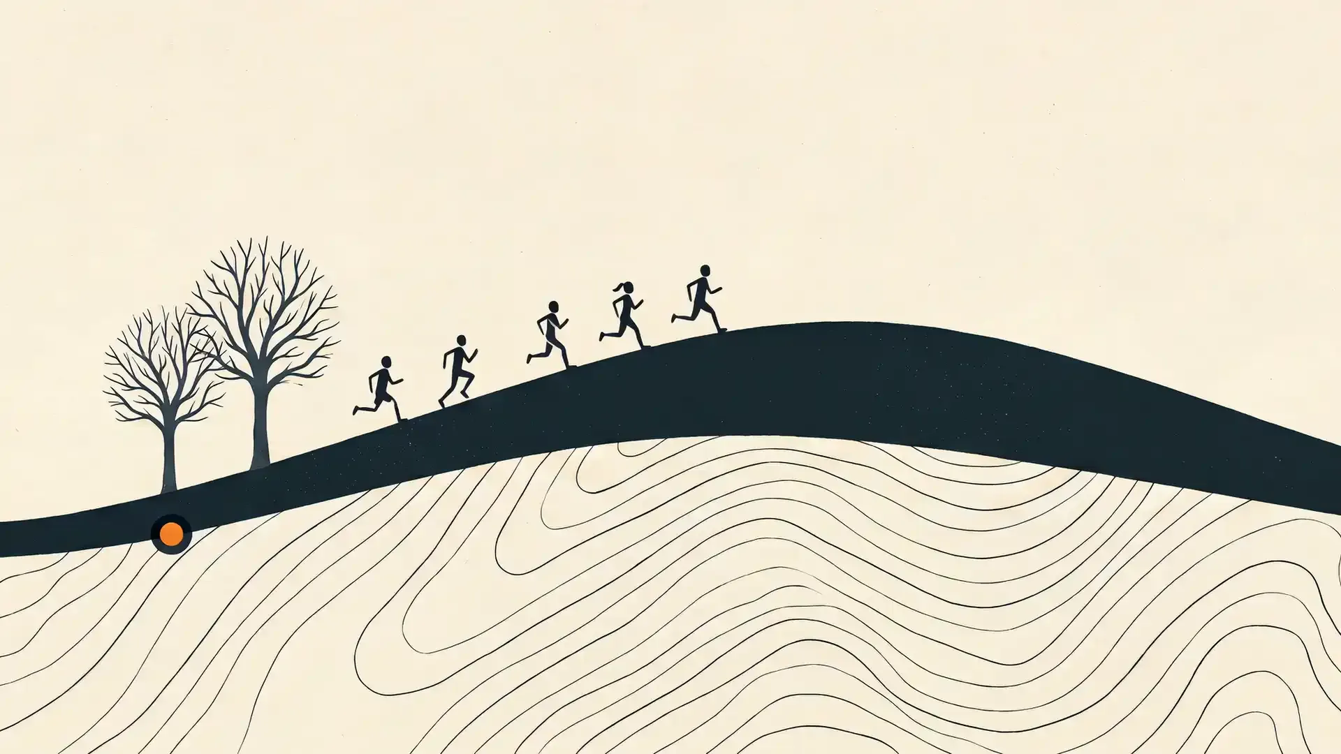 Illustration of runners cresting a hill, the Fizzy Moon Members Run Club 5K.